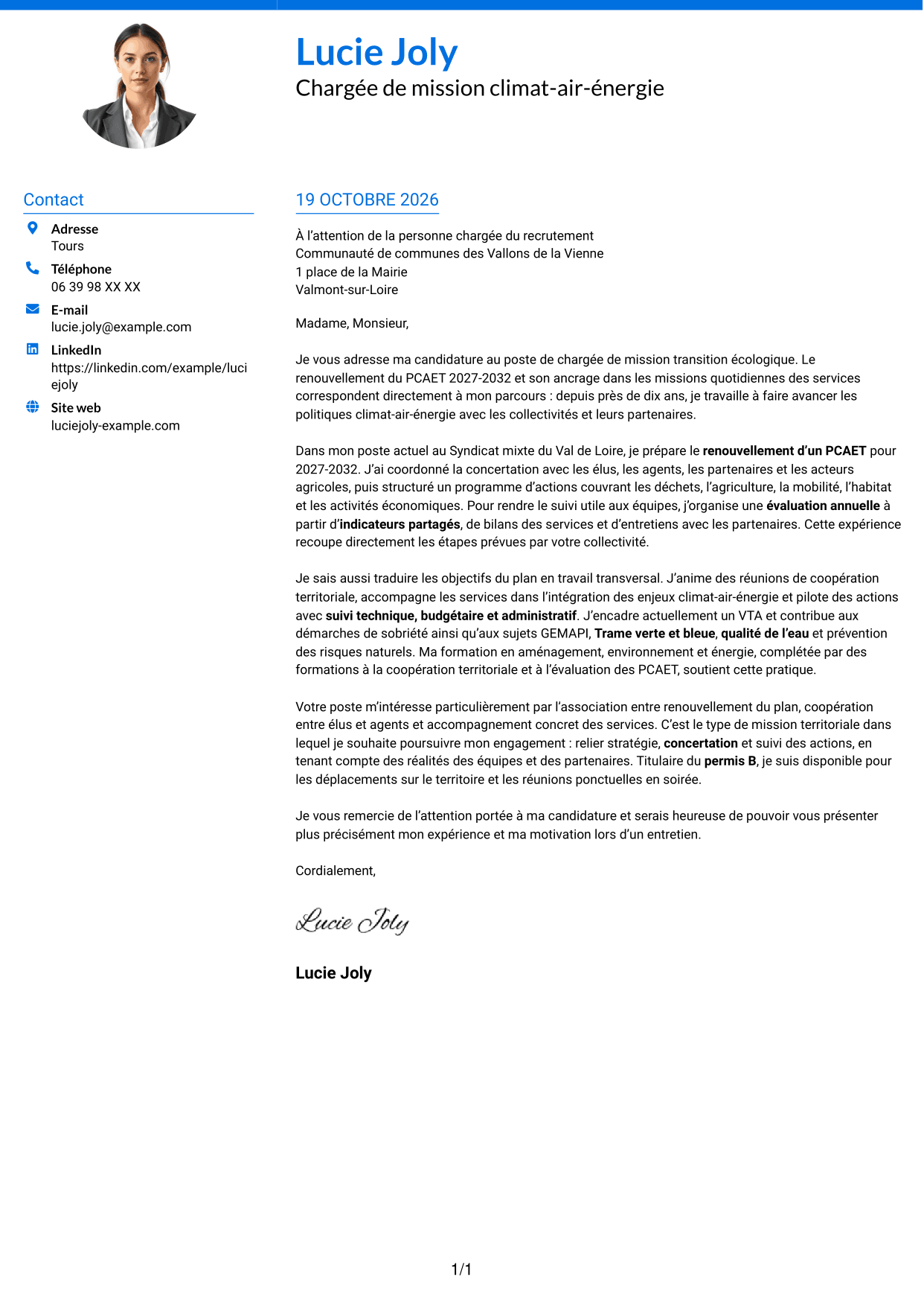 Lettre de motivation Audacieux (format à deux colonnes avec accents colorés et photo) : Chargé de mission transition écologique, page 1