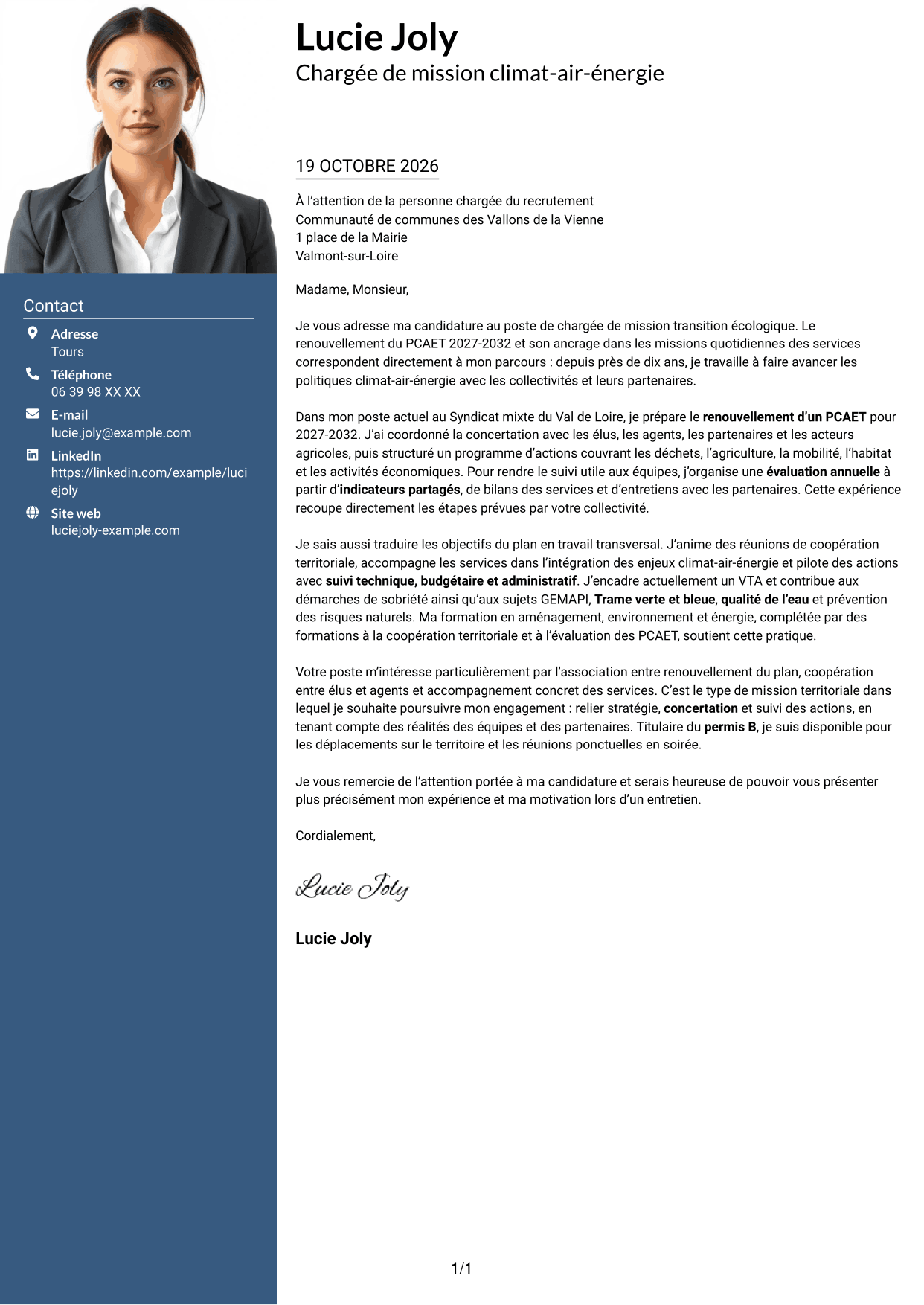 Lettre de motivation Signature (format à colonne latérale colorée avec grande photo) : Chargé de mission transition écologique, page 1