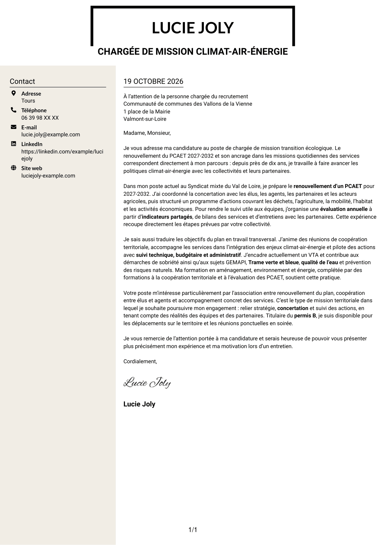 Lettre de motivation Fonceur (format à deux colonnes avec en-tête centré sans photo) : Chargé de mission transition écologique, page 1