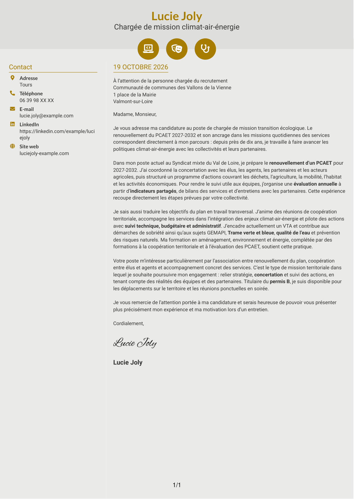 Lettre de motivation Dynamique (format à deux colonnes avec icônes) : Chargé de mission transition écologique, page 1