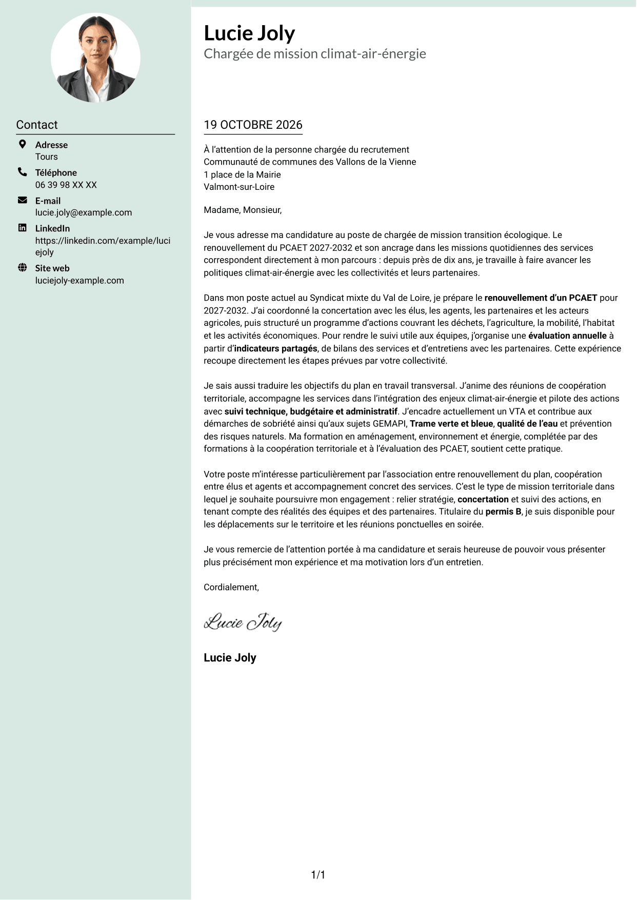 Lettre de motivation Cadre (format à colonne latérale douce avec photo arrondie) : Chargé de mission transition écologique, page 1