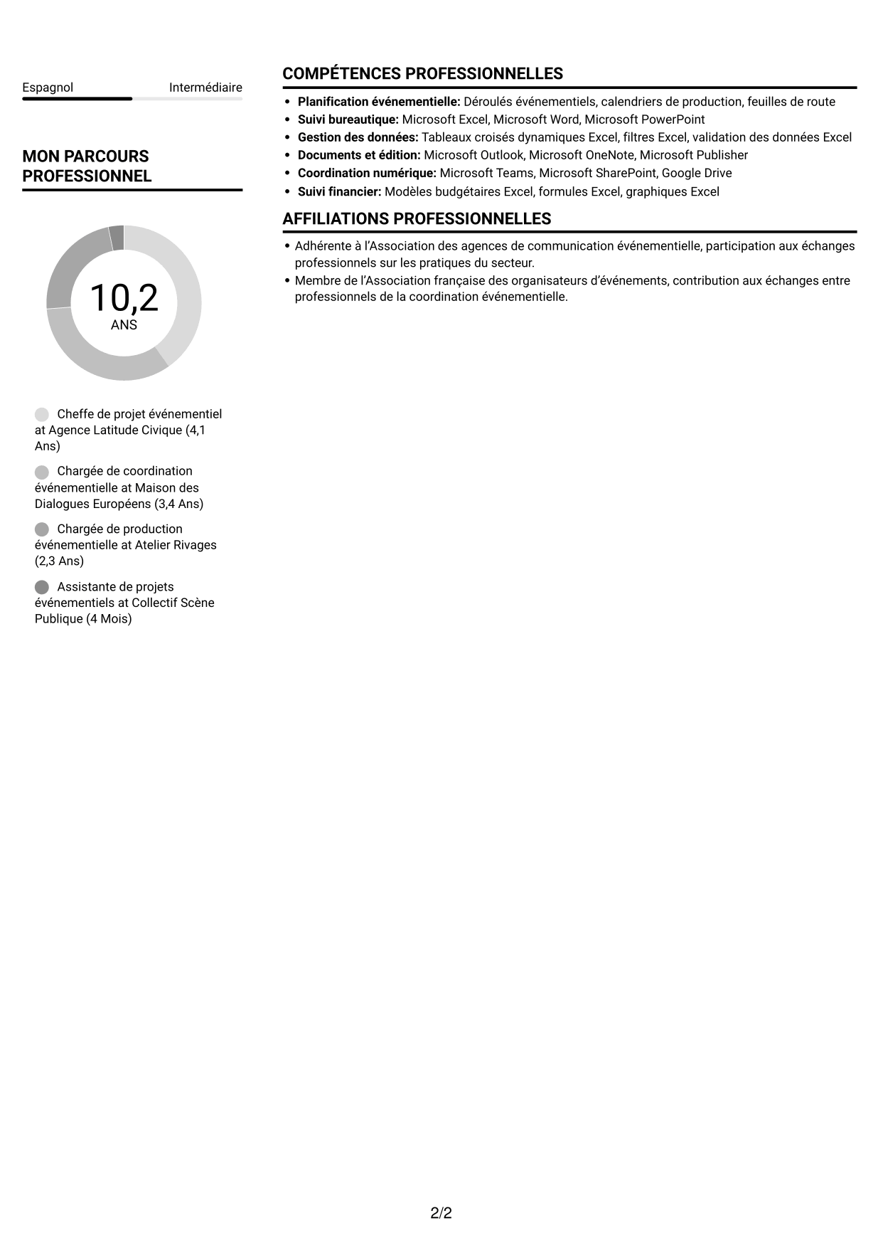 CV Compact (format sobre à deux colonnes avec photo) : Chargé de projet - Coordination événementielle institutionnelle, page 2