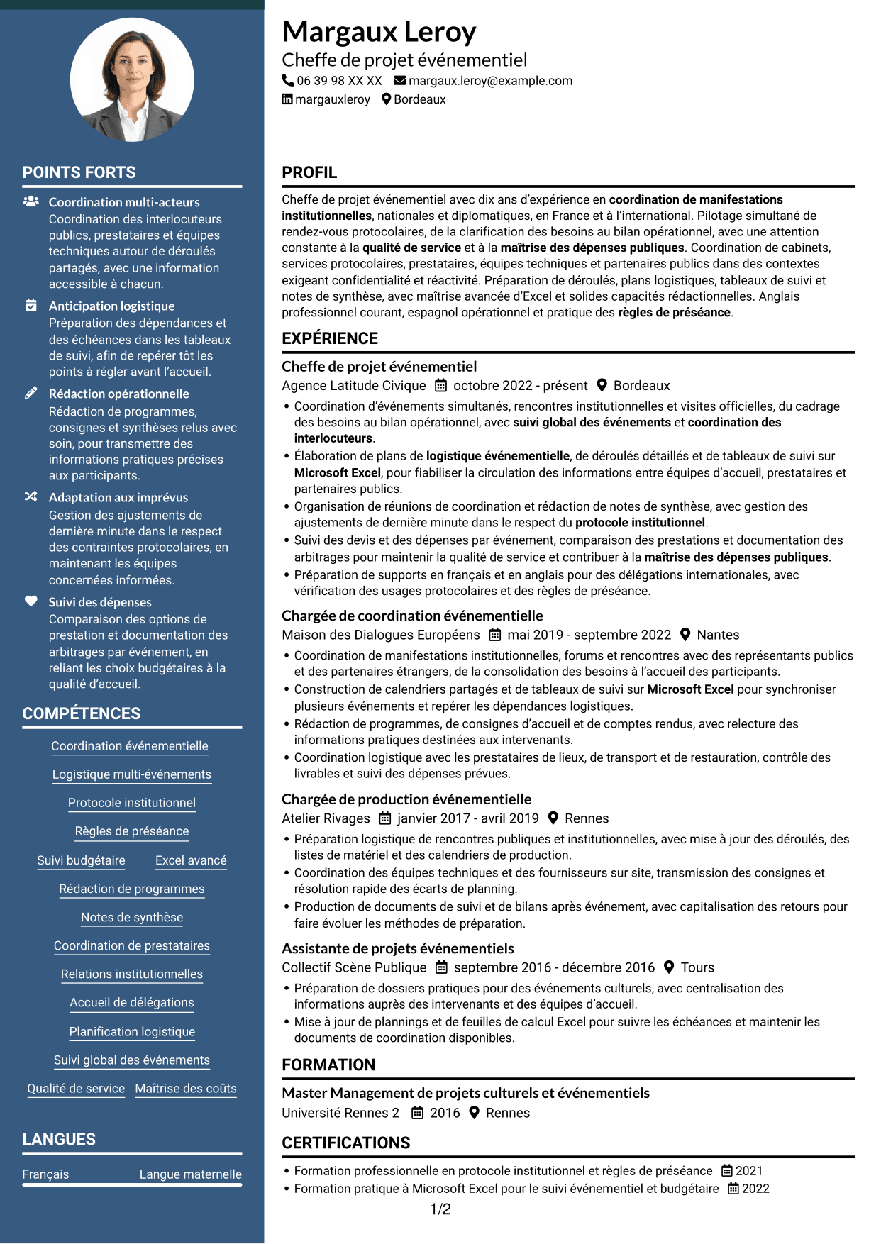 CV Élégant (format à colonne latérale colorée avec photo) : Chargé de projet - Coordination événementielle institutionnelle, page 1