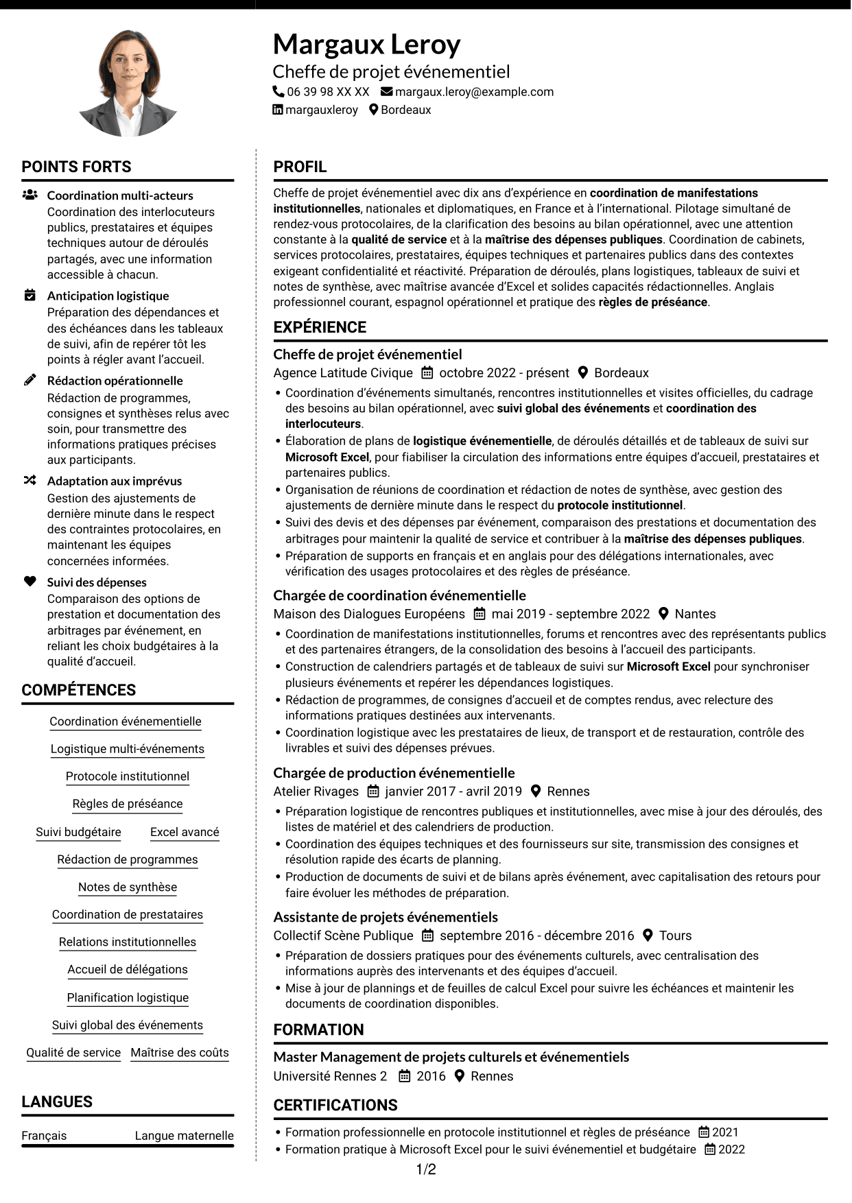 CV Moderne (format à deux colonnes avec photo à gauche et séparateur) : Chargé de projet - Coordination événementielle institutionnelle, page 1