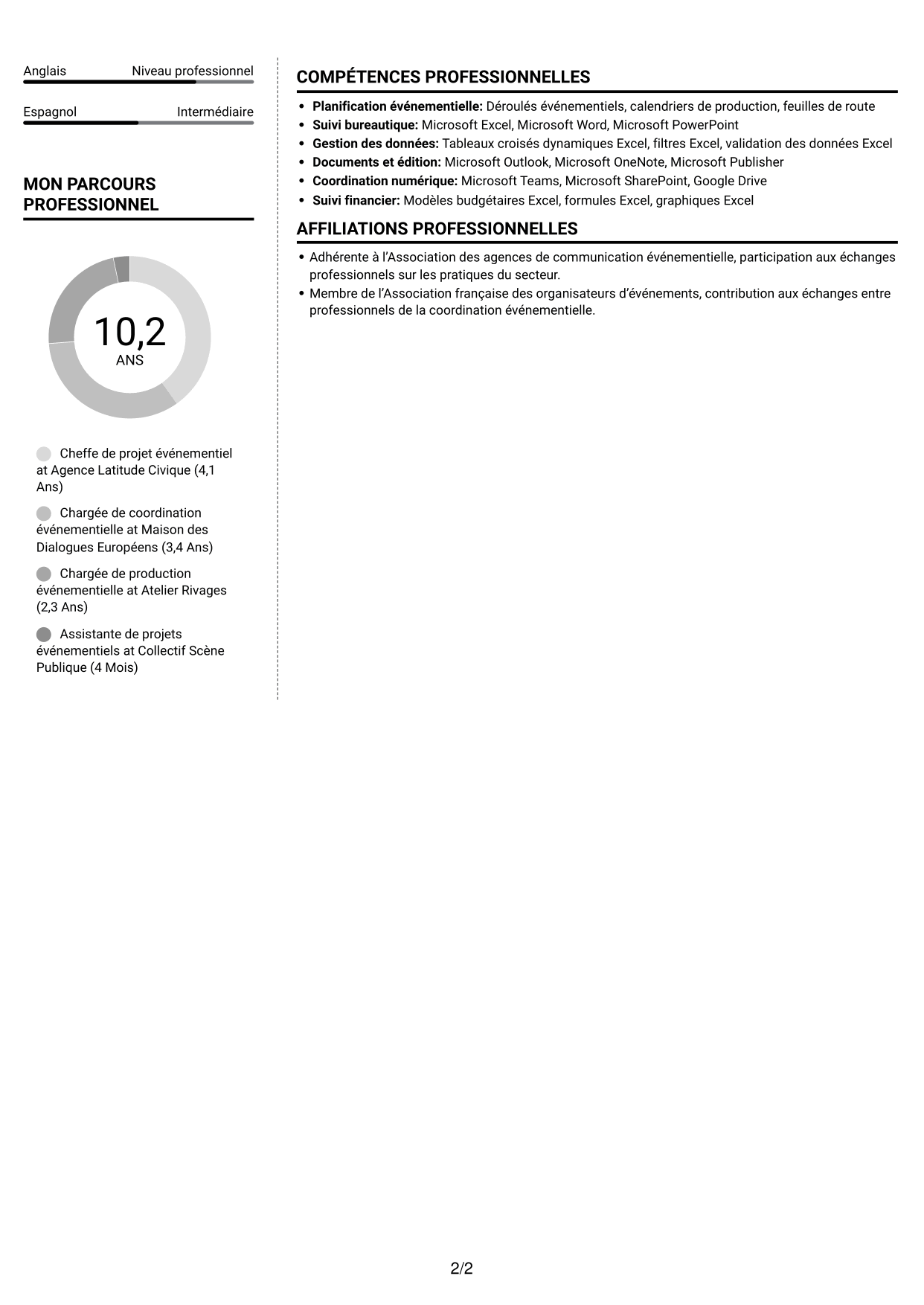 CV Moderne (format à deux colonnes avec photo à gauche et séparateur) : Chargé de projet - Coordination événementielle institutionnelle, page 2