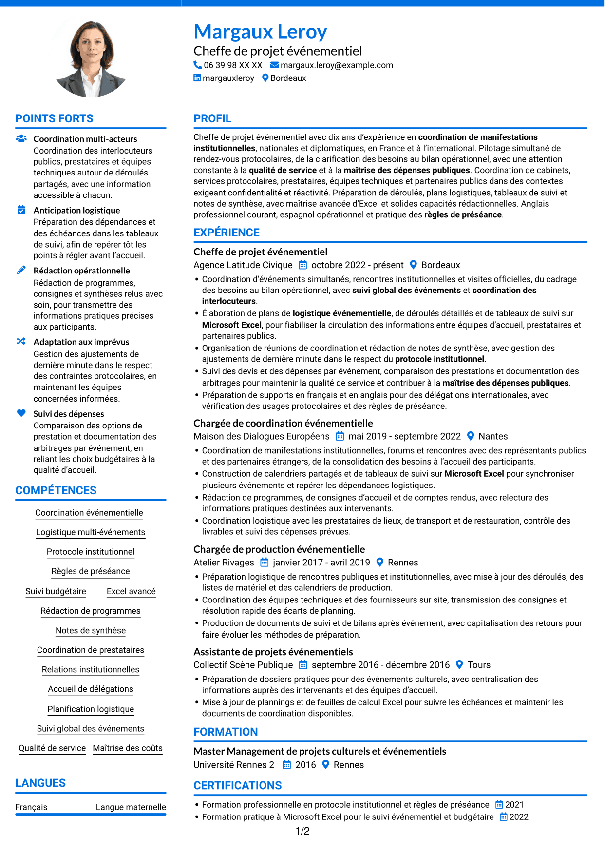 CV Audacieux (format à deux colonnes avec accents colorés et photo) : Chargé de projet - Coordination événementielle institutionnelle, page 1