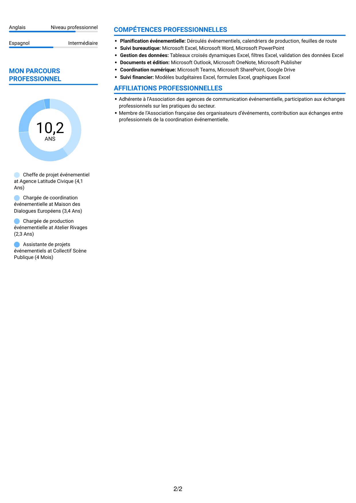 CV Audacieux (format à deux colonnes avec accents colorés et photo) : Chargé de projet - Coordination événementielle institutionnelle, page 2
