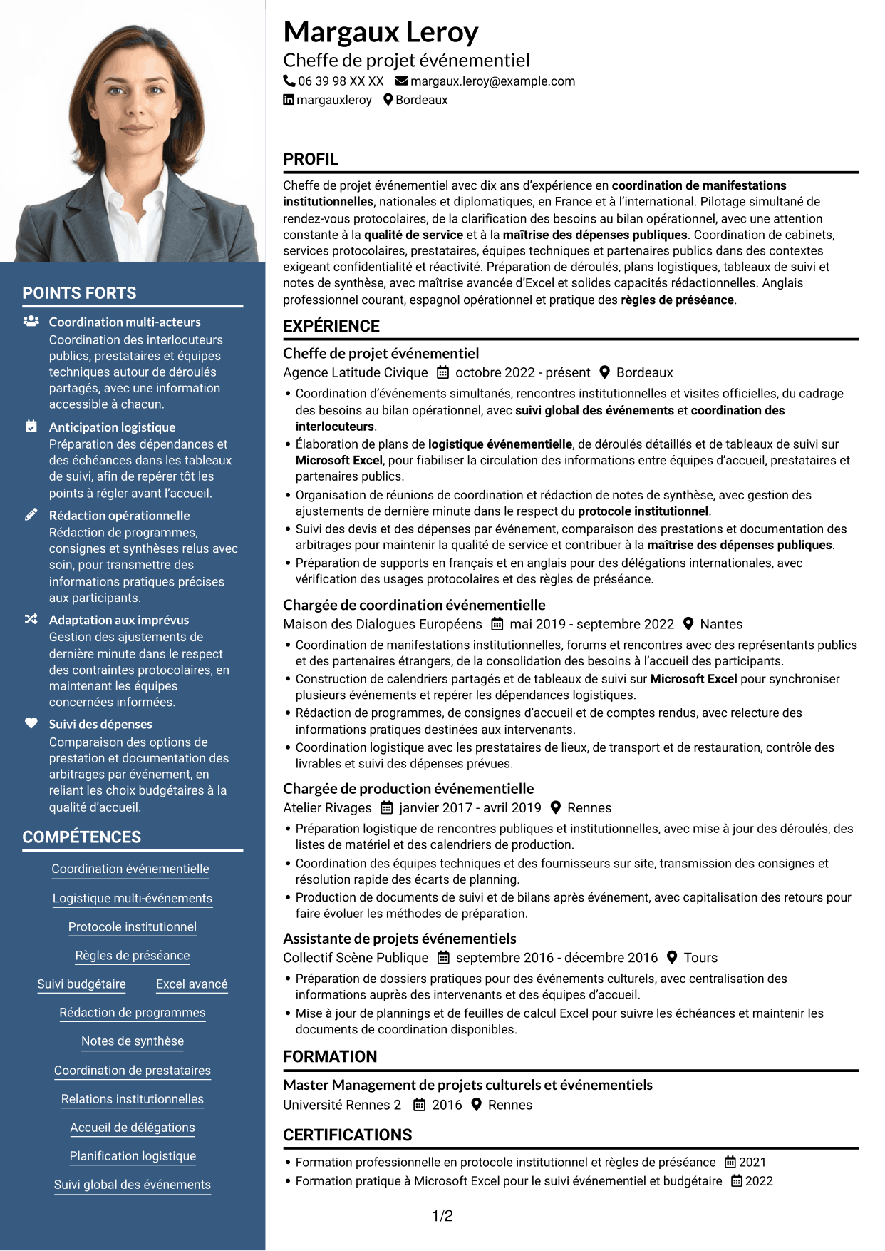 CV Signature (format à colonne latérale colorée avec grande photo) : Chargé de projet - Coordination événementielle institutionnelle, page 1