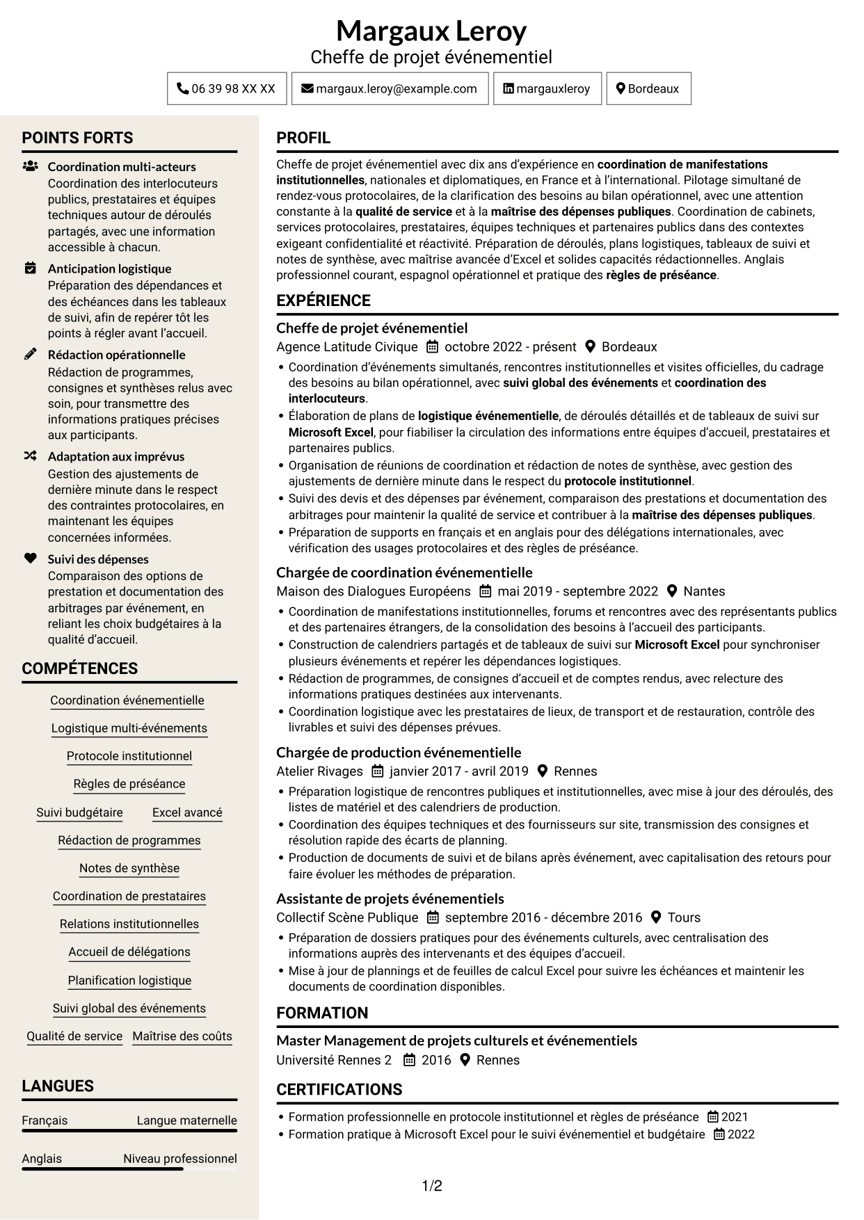CV Fonceur (format à deux colonnes avec en-tête centré sans photo) : Chargé de projet - Coordination événementielle institutionnelle, page 1