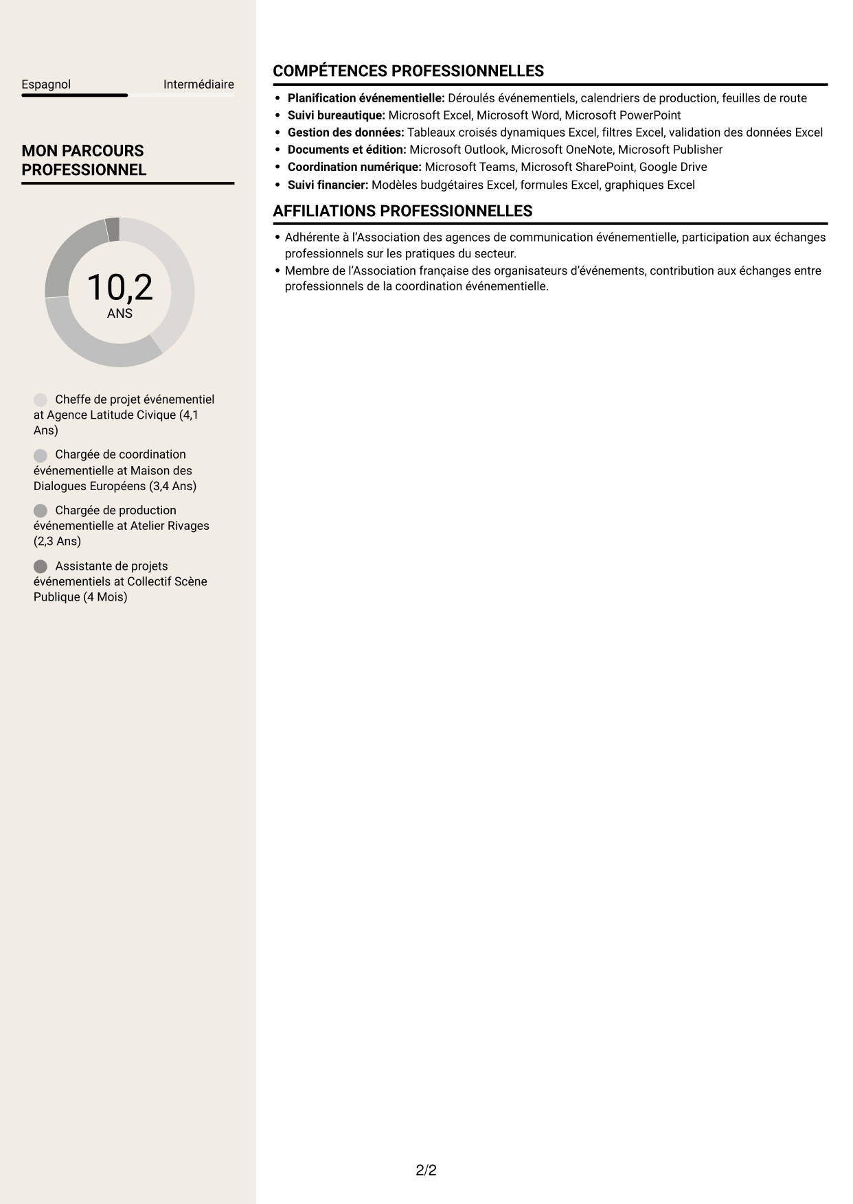 CV Fonceur (format à deux colonnes avec en-tête centré sans photo) : Chargé de projet - Coordination événementielle institutionnelle, page 2