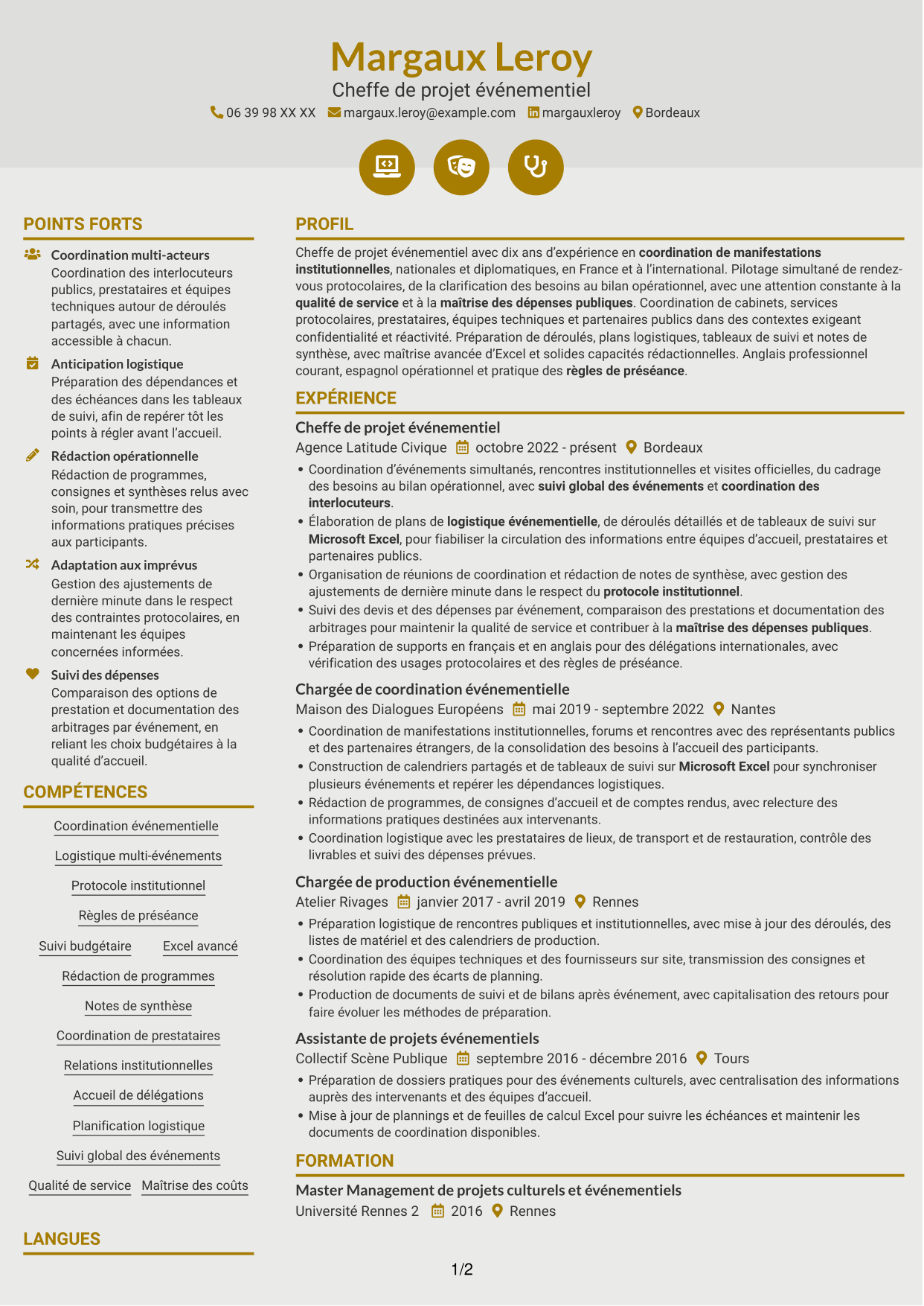 CV Dynamique (format à deux colonnes avec icônes) : Chargé de projet - Coordination événementielle institutionnelle, page 1