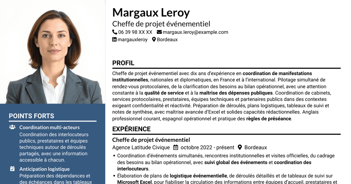 7 modèles de CV pour Chargé de projet - Coordination événementielle institutionnelle, avec exemples