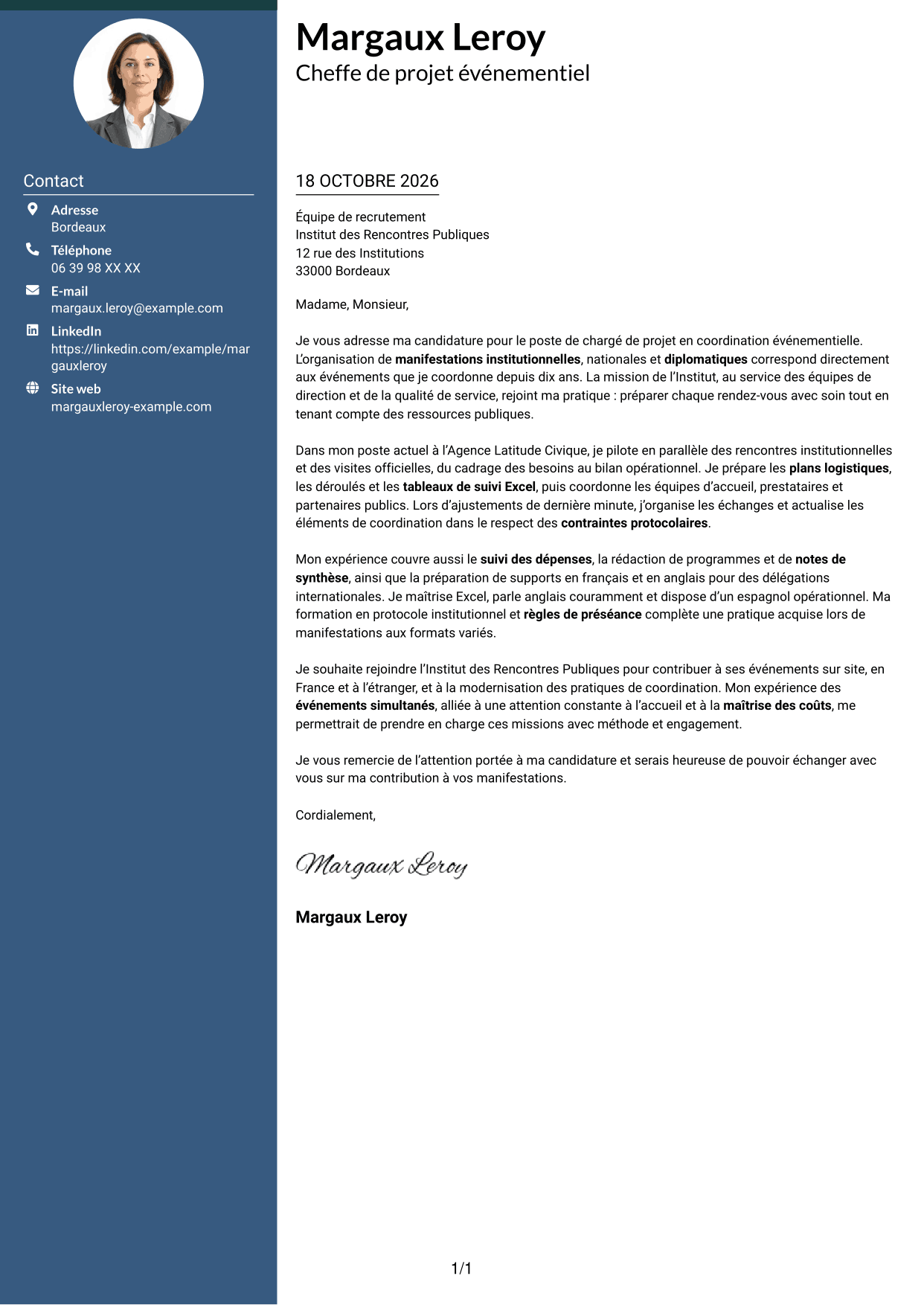 Lettre de motivation Élégant (format à colonne latérale colorée avec photo) : Chargé de projet - Coordination événementielle institutionnelle, page 1