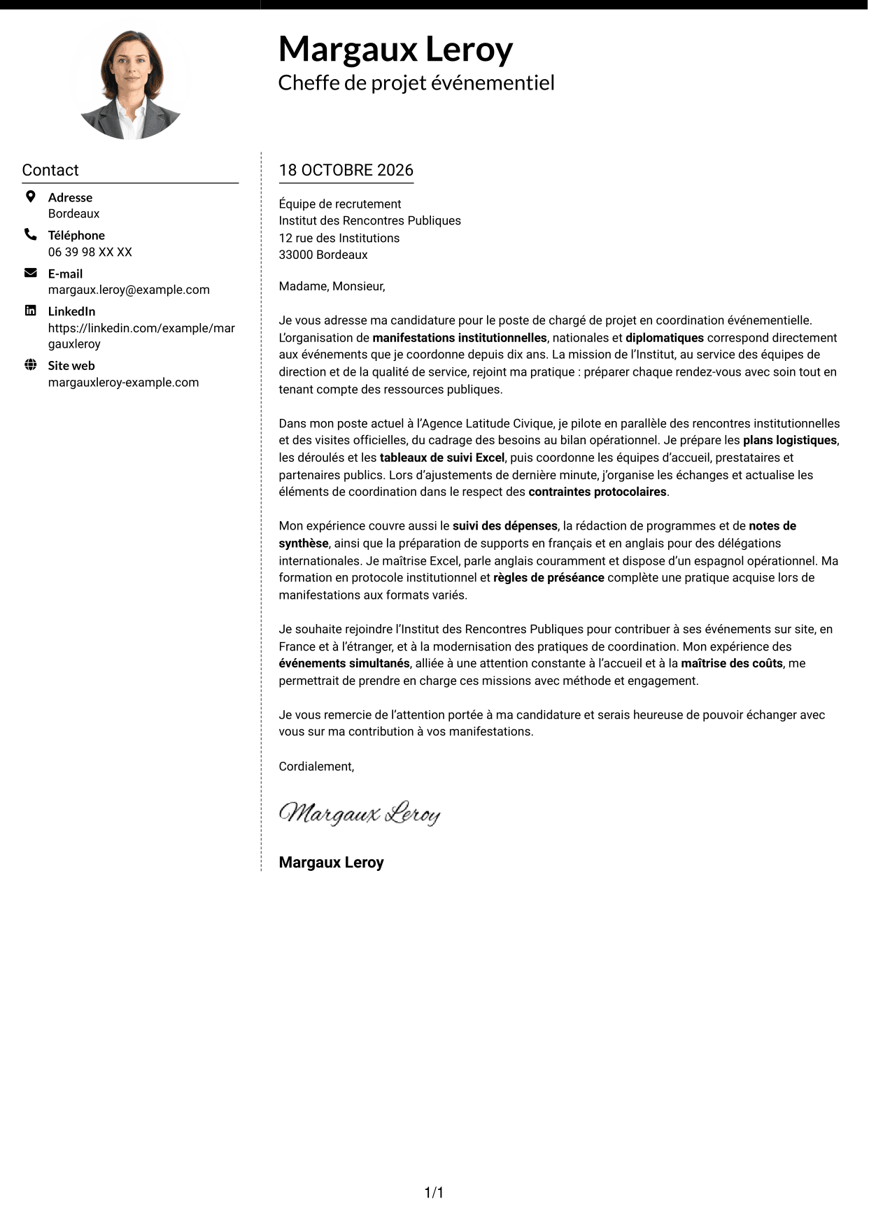 Lettre de motivation Moderne (format à deux colonnes avec photo à gauche et séparateur) : Chargé de projet - Coordination événementielle institutionnelle, page 1