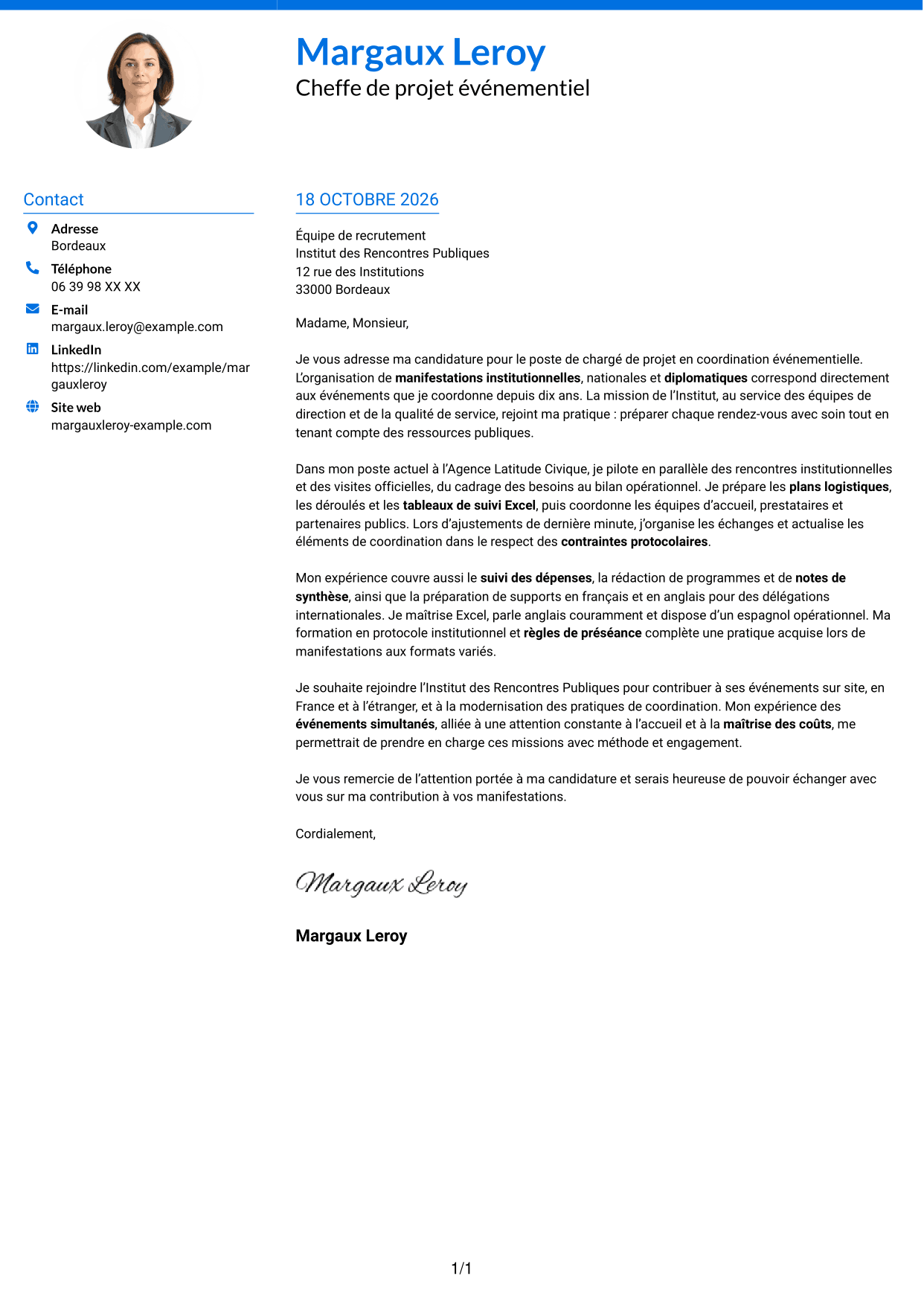 Lettre de motivation Audacieux (format à deux colonnes avec accents colorés et photo) : Chargé de projet - Coordination événementielle institutionnelle, page 1