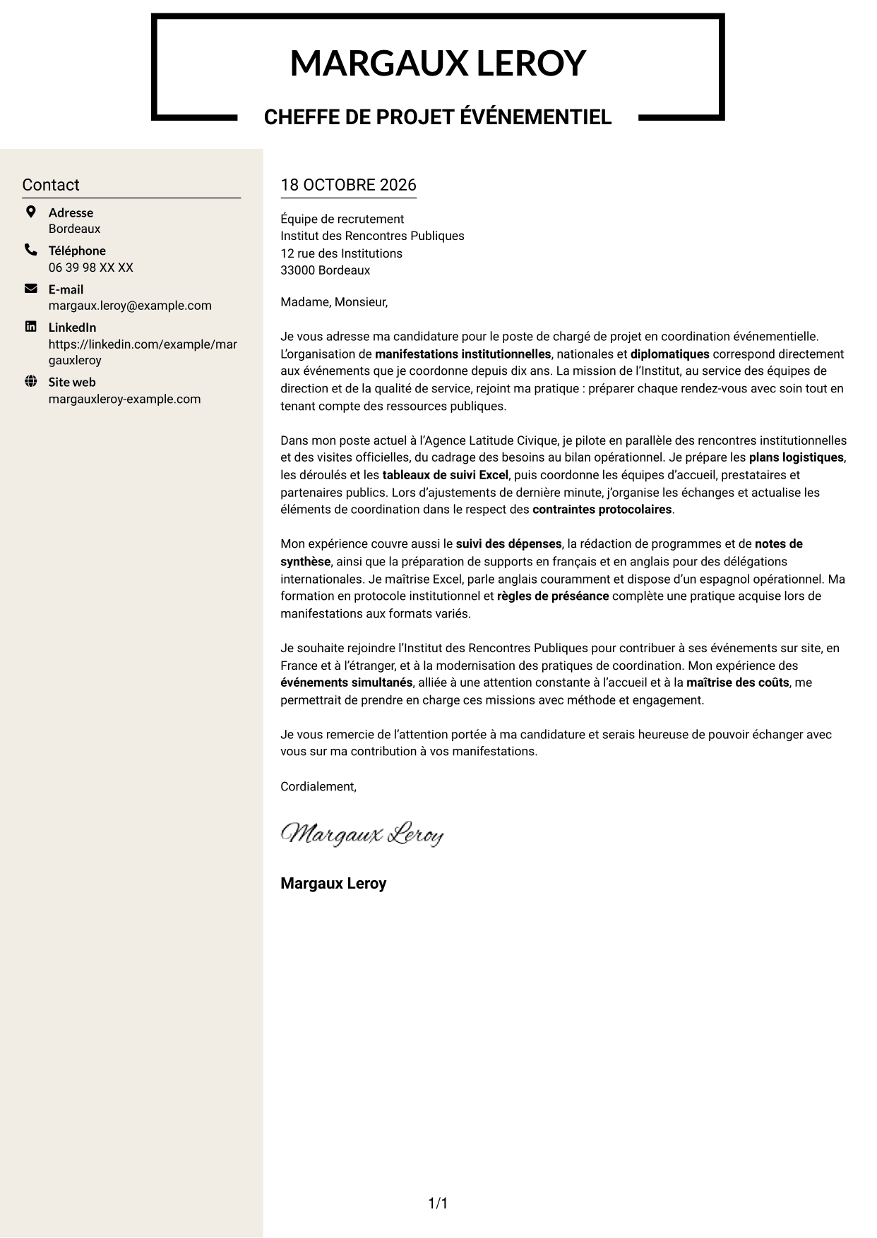 Lettre de motivation Fonceur (format à deux colonnes avec en-tête centré sans photo) : Chargé de projet - Coordination événementielle institutionnelle, page 1