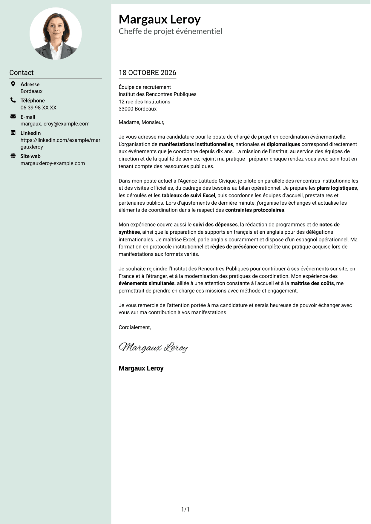 Lettre de motivation Cadre (format à colonne latérale douce avec photo arrondie) : Chargé de projet - Coordination événementielle institutionnelle, page 1