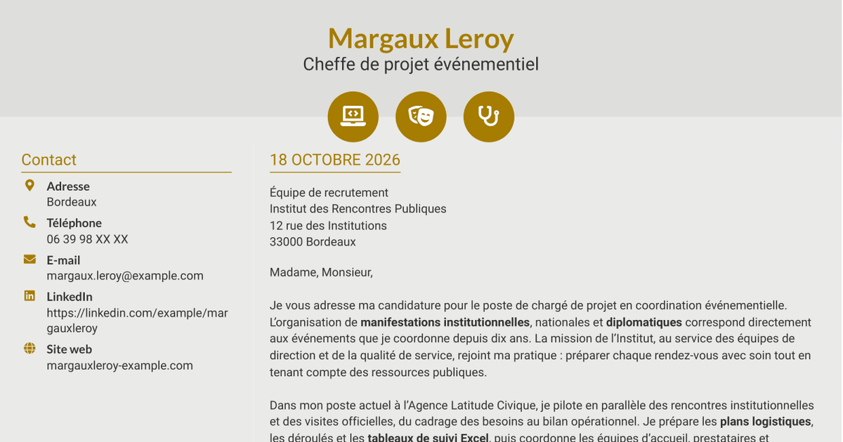 7 modèles de lettre de motivation pour Chargé de projet - Coordination événementielle institutionnelle, avec exemples