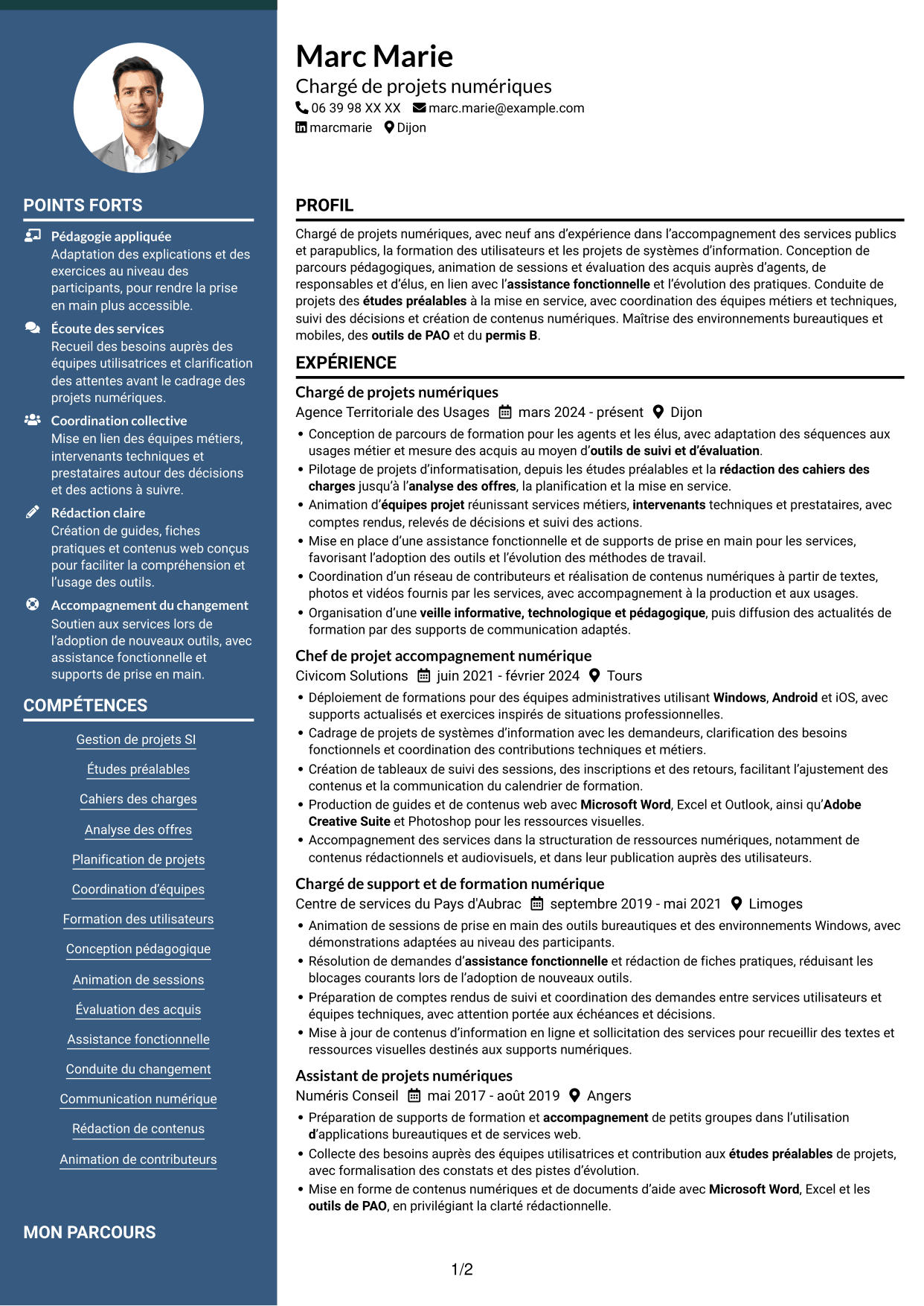 CV Élégant (format à colonne latérale colorée avec photo) : Chargé de projets et du développement des compétences numériques, page 1