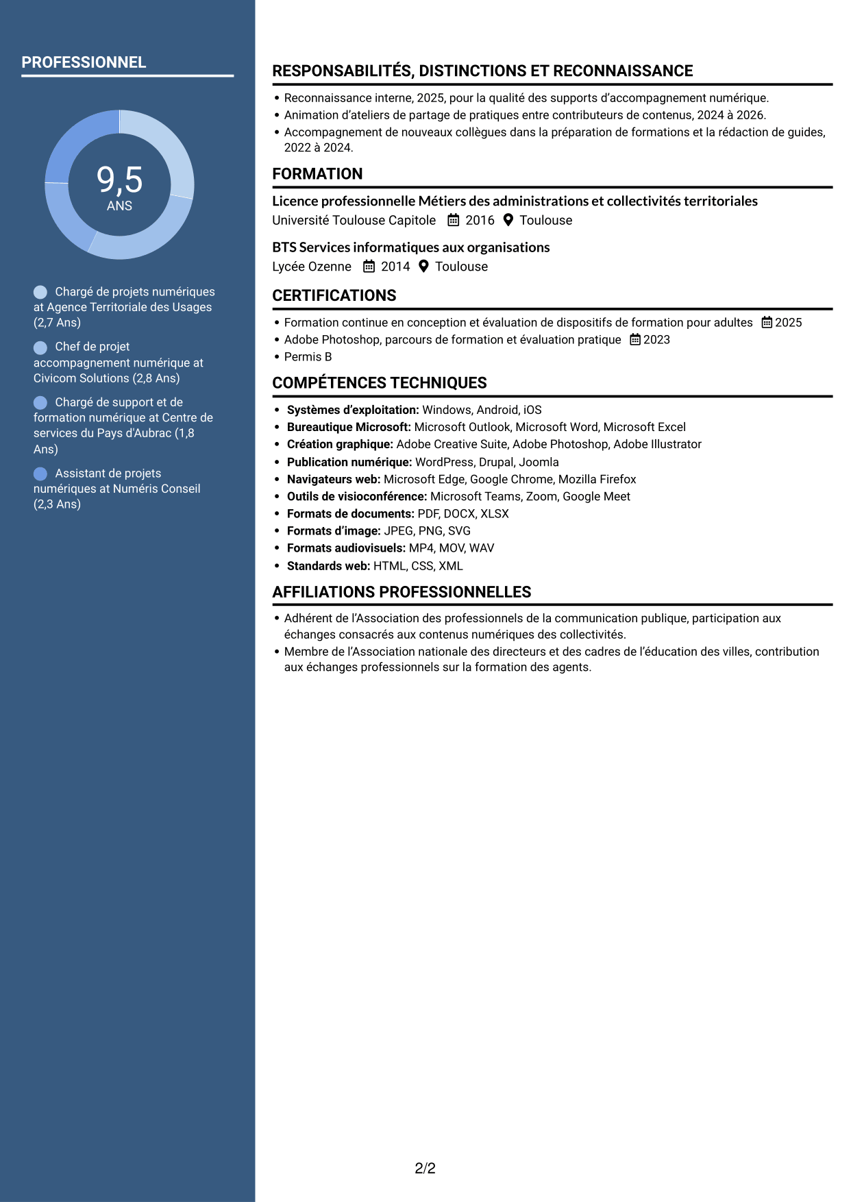 CV Élégant (format à colonne latérale colorée avec photo) : Chargé de projets et du développement des compétences numériques, page 2