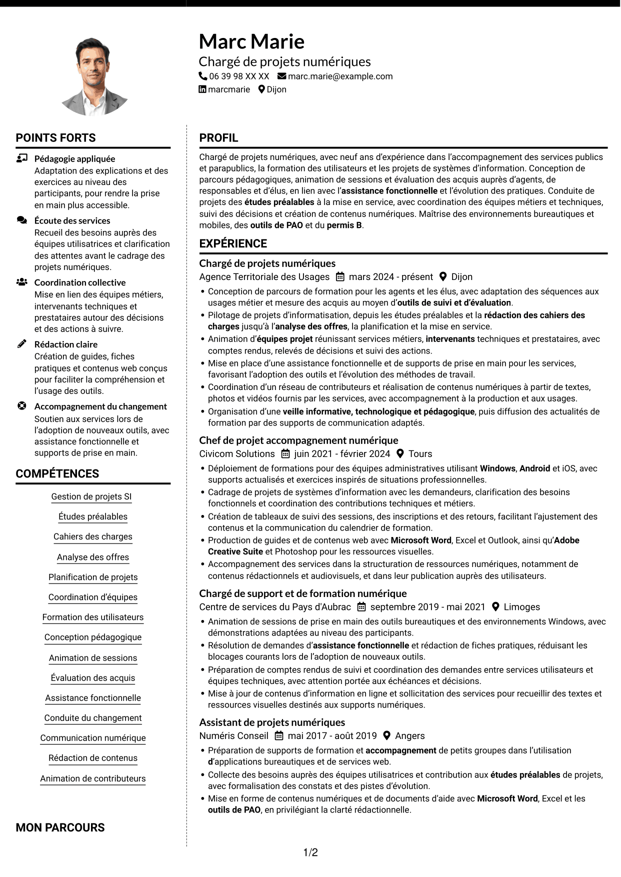 CV Moderne (format à deux colonnes avec photo à gauche et séparateur) : Chargé de projets et du développement des compétences numériques, page 1