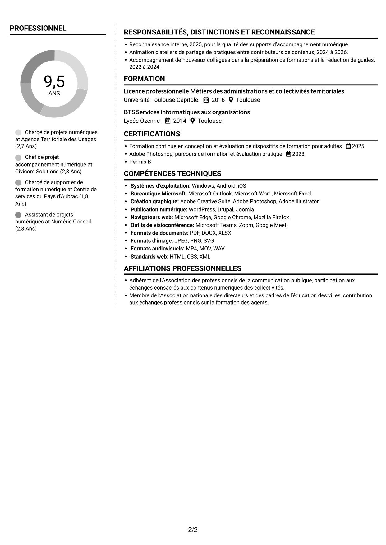 CV Moderne (format à deux colonnes avec photo à gauche et séparateur) : Chargé de projets et du développement des compétences numériques, page 2