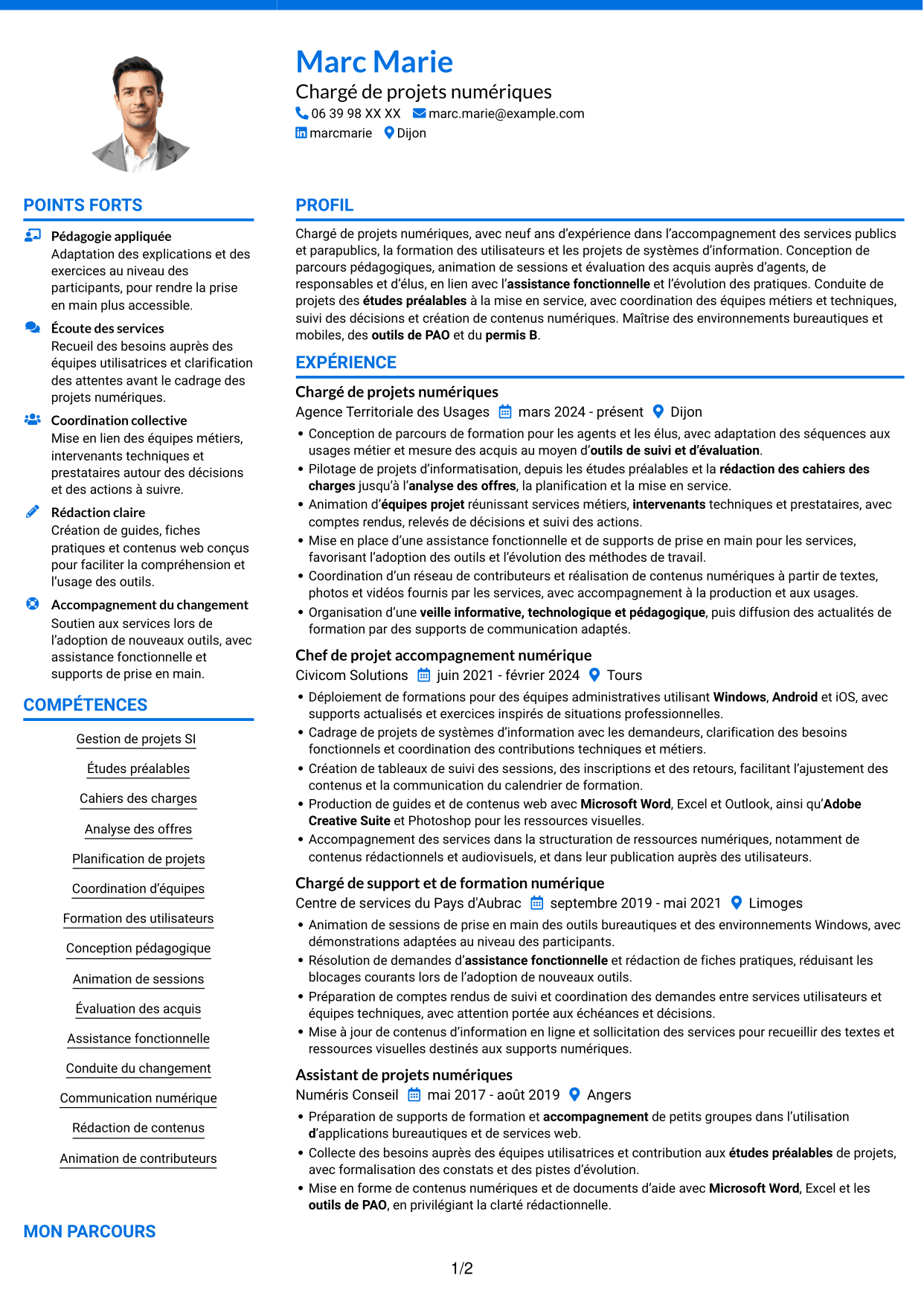 CV Audacieux (format à deux colonnes avec accents colorés et photo) : Chargé de projets et du développement des compétences numériques, page 1