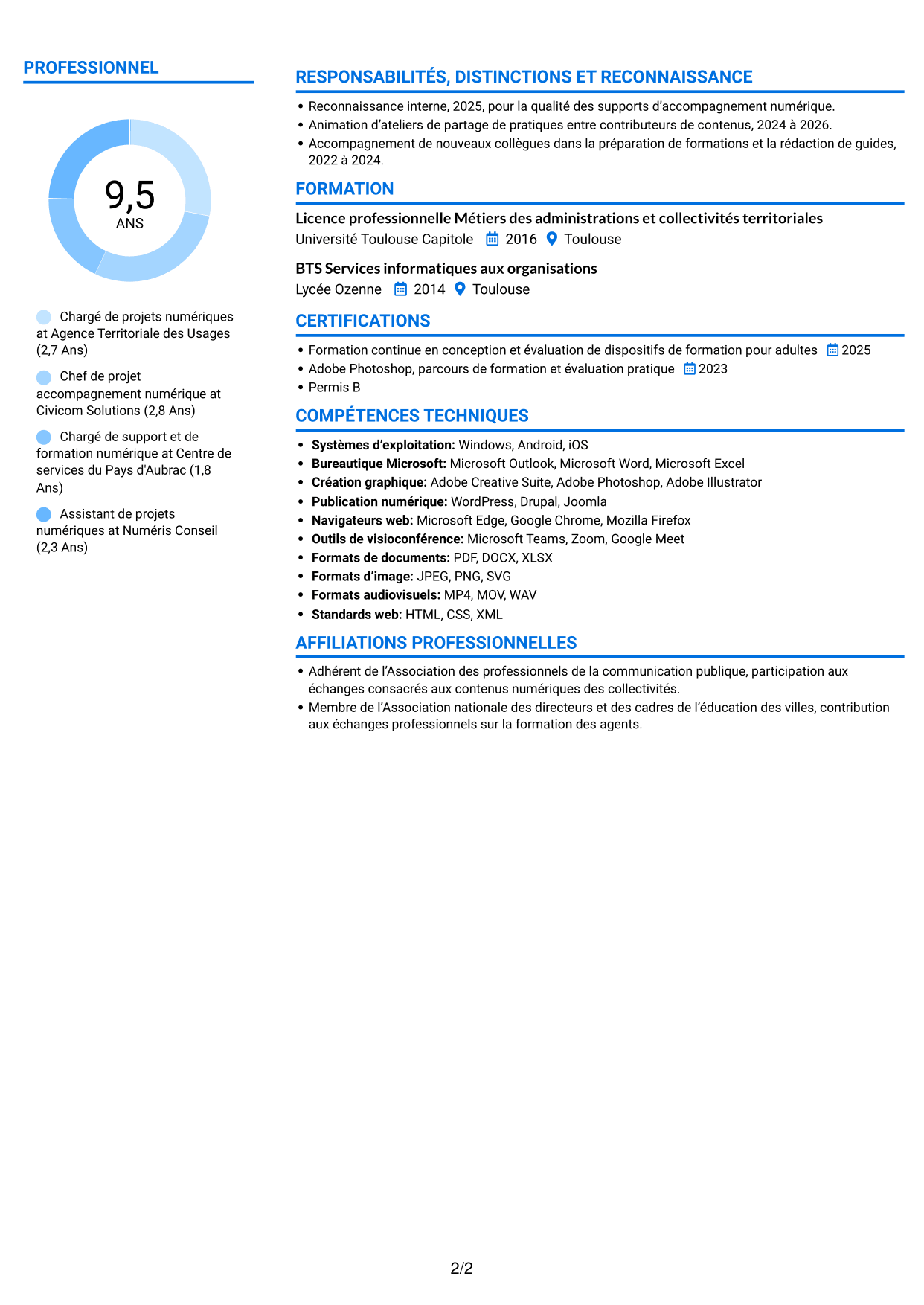 CV Audacieux (format à deux colonnes avec accents colorés et photo) : Chargé de projets et du développement des compétences numériques, page 2