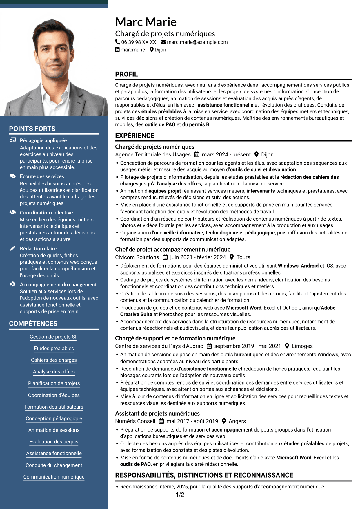 CV Signature (format à colonne latérale colorée avec grande photo) : Chargé de projets et du développement des compétences numériques, page 1