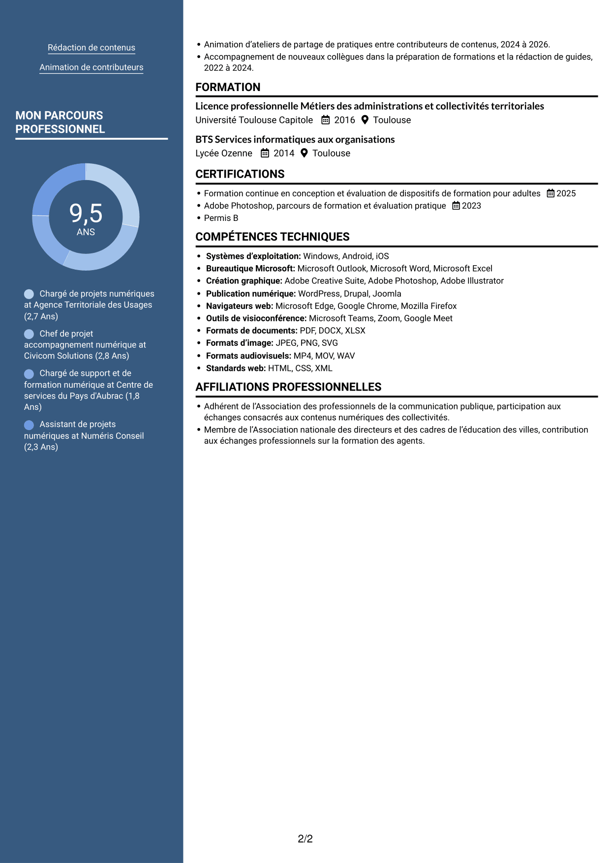 CV Signature (format à colonne latérale colorée avec grande photo) : Chargé de projets et du développement des compétences numériques, page 2