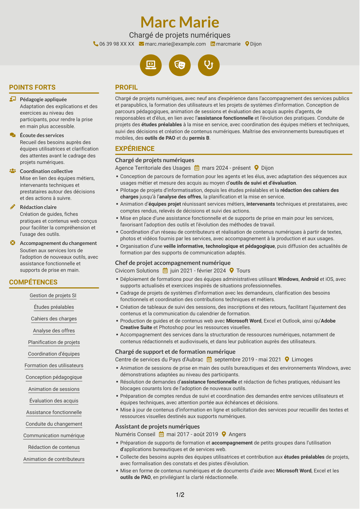 CV Dynamique (format à deux colonnes avec icônes) : Chargé de projets et du développement des compétences numériques, page 1