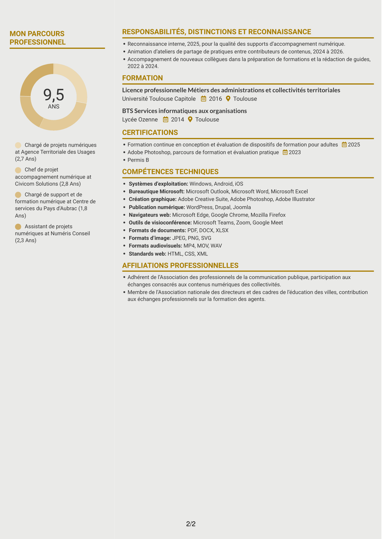 CV Dynamique (format à deux colonnes avec icônes) : Chargé de projets et du développement des compétences numériques, page 2