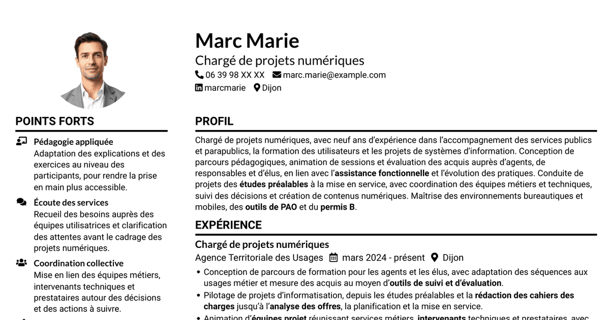 7 modèles de CV pour Chargé de projets et du développement des compétences numériques, avec exemples