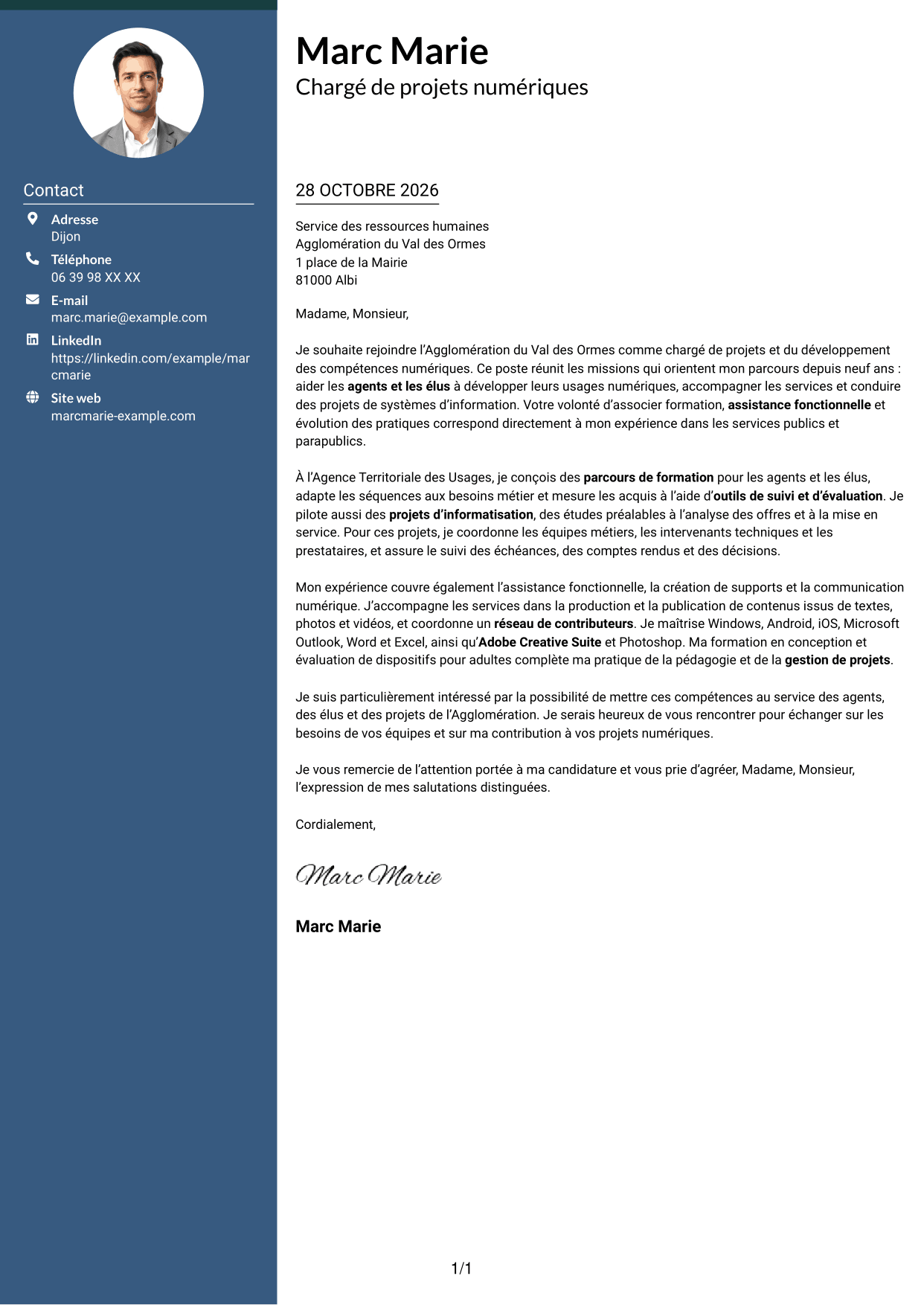 Lettre de motivation Élégant (format à colonne latérale colorée avec photo) : Chargé de projets et du développement des compétences numériques, page 1