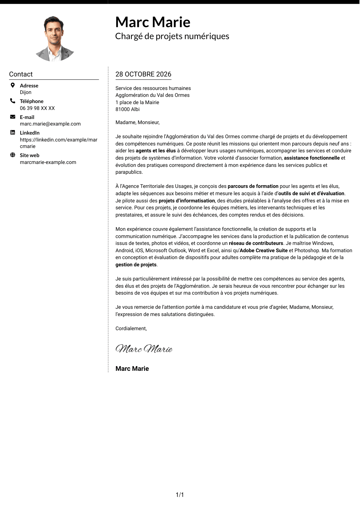 Lettre de motivation Moderne (format à deux colonnes avec photo à gauche et séparateur) : Chargé de projets et du développement des compétences numériques, page 1