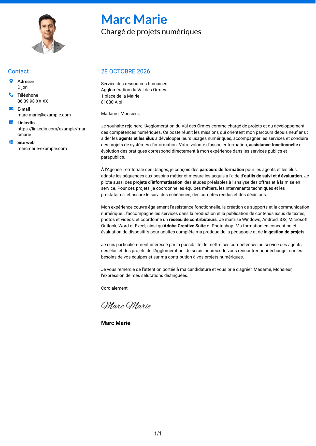 Lettre de motivation Audacieux (format à deux colonnes avec accents colorés et photo) : Chargé de projets et du développement des compétences numériques, page 1