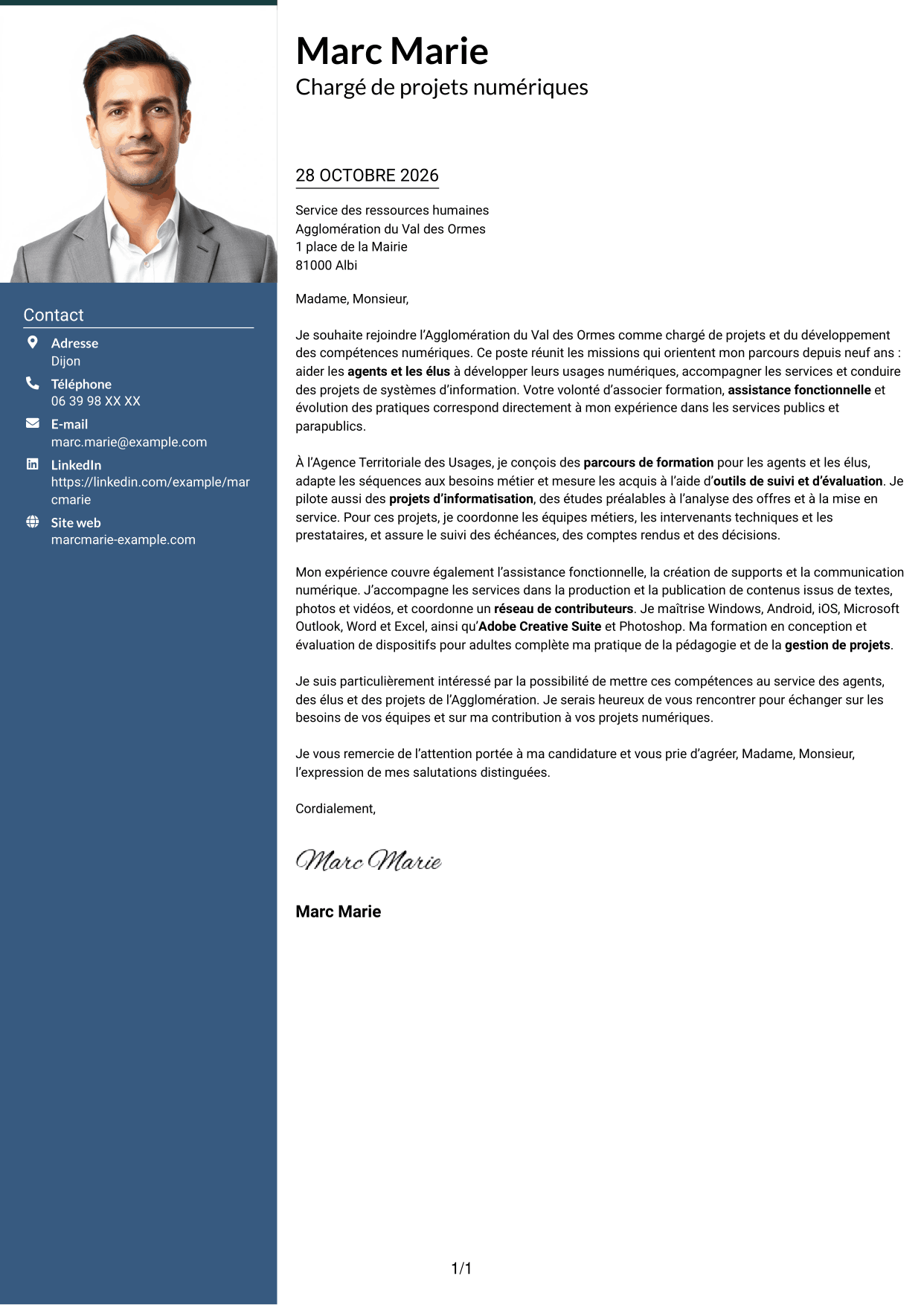 Lettre de motivation Signature (format à colonne latérale colorée avec grande photo) : Chargé de projets et du développement des compétences numériques, page 1