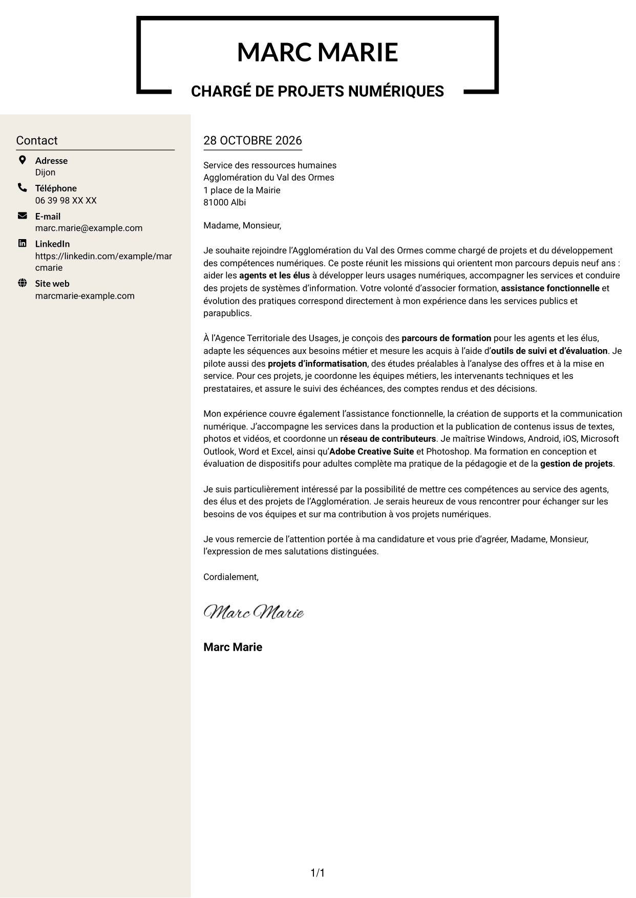 Lettre de motivation Fonceur (format à deux colonnes avec en-tête centré sans photo) : Chargé de projets et du développement des compétences numériques, page 1