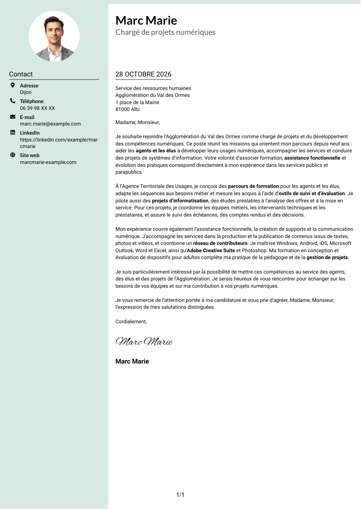 Lettre de motivation Cadre (format à colonne latérale douce avec photo arrondie) : Chargé de projets et du développement des compétences numériques, page 1