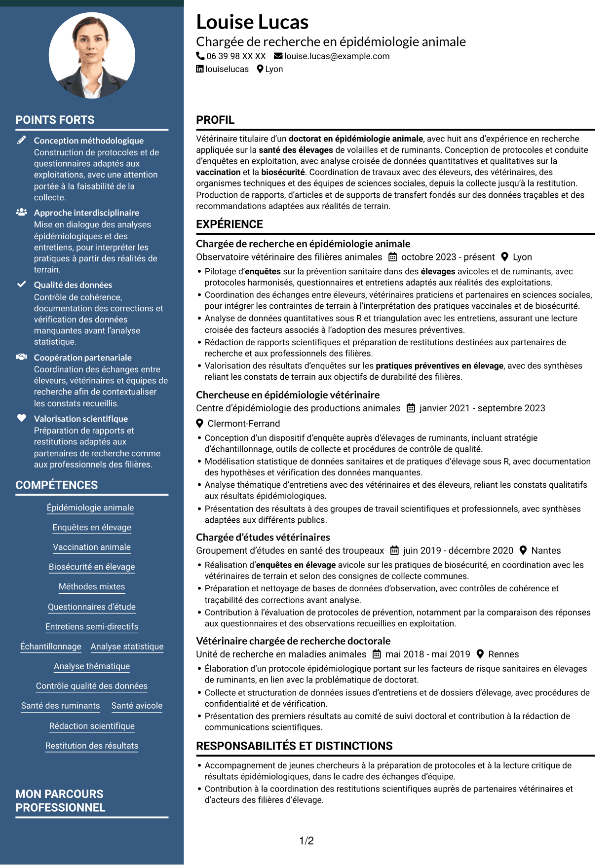 CV Élégant (format à colonne latérale colorée avec photo) : Chargé de recherche post-doctoral - Épidémiologie et santé des élevages, page 1