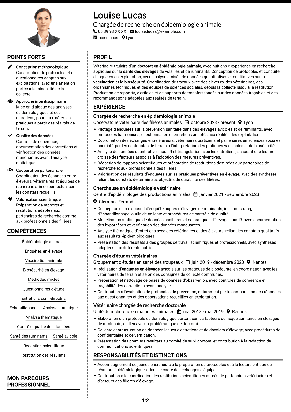 CV Moderne (format à deux colonnes avec photo à gauche et séparateur) : Chargé de recherche post-doctoral - Épidémiologie et santé des élevages, page 1