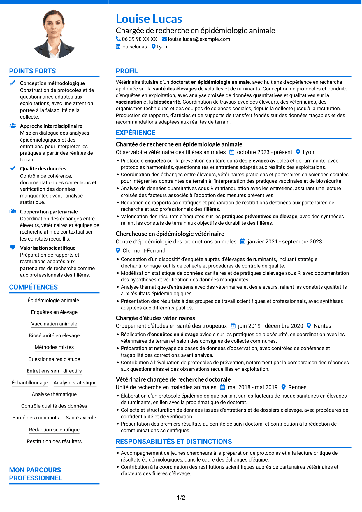 CV Audacieux (format à deux colonnes avec accents colorés et photo) : Chargé de recherche post-doctoral - Épidémiologie et santé des élevages, page 1
