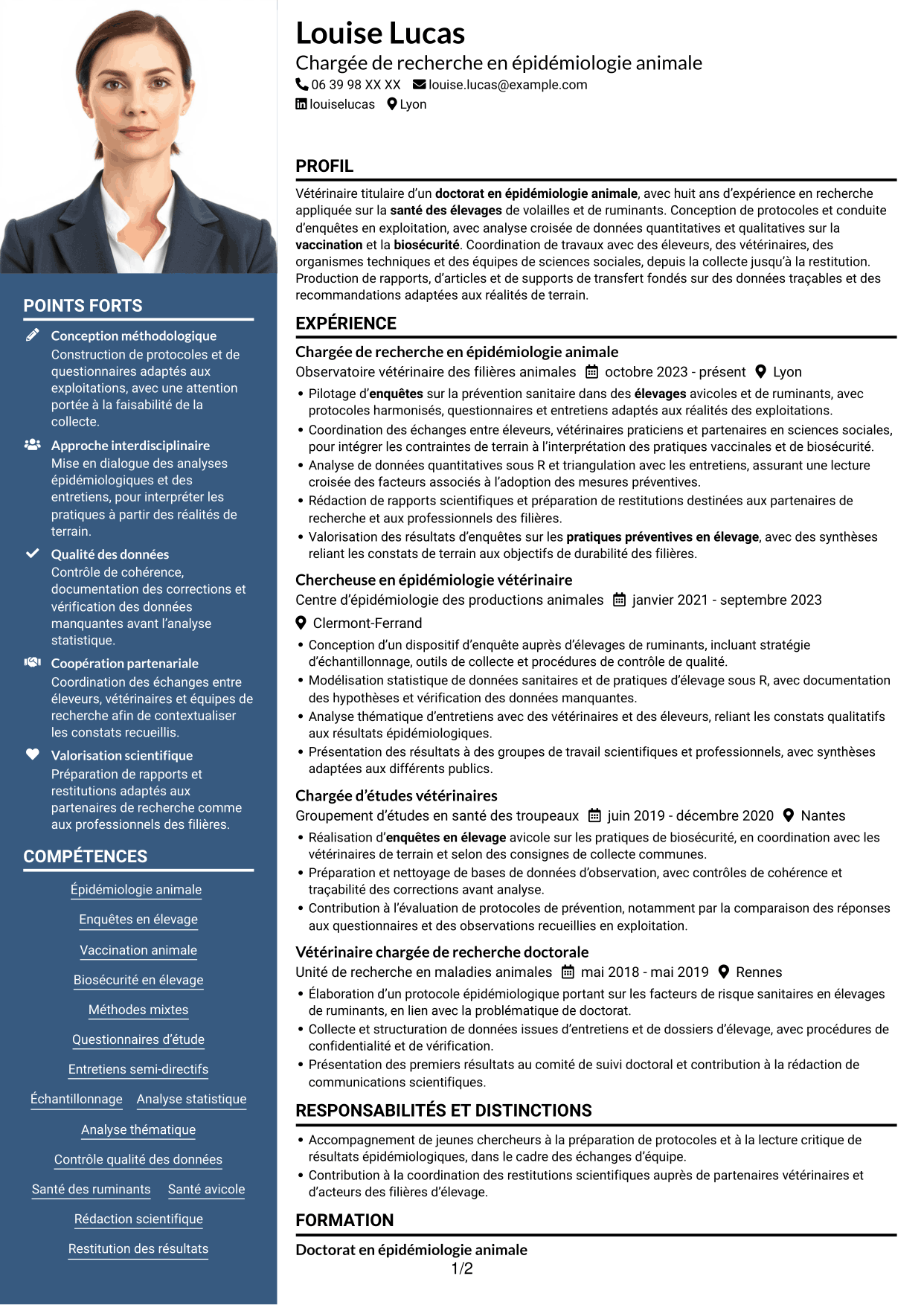 CV Signature (format à colonne latérale colorée avec grande photo) : Chargé de recherche post-doctoral - Épidémiologie et santé des élevages, page 1