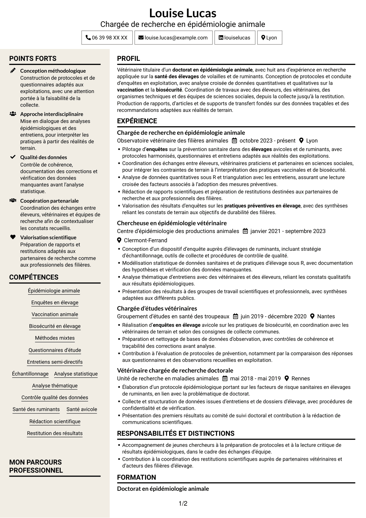 CV Fonceur (format à deux colonnes avec en-tête centré sans photo) : Chargé de recherche post-doctoral - Épidémiologie et santé des élevages, page 1