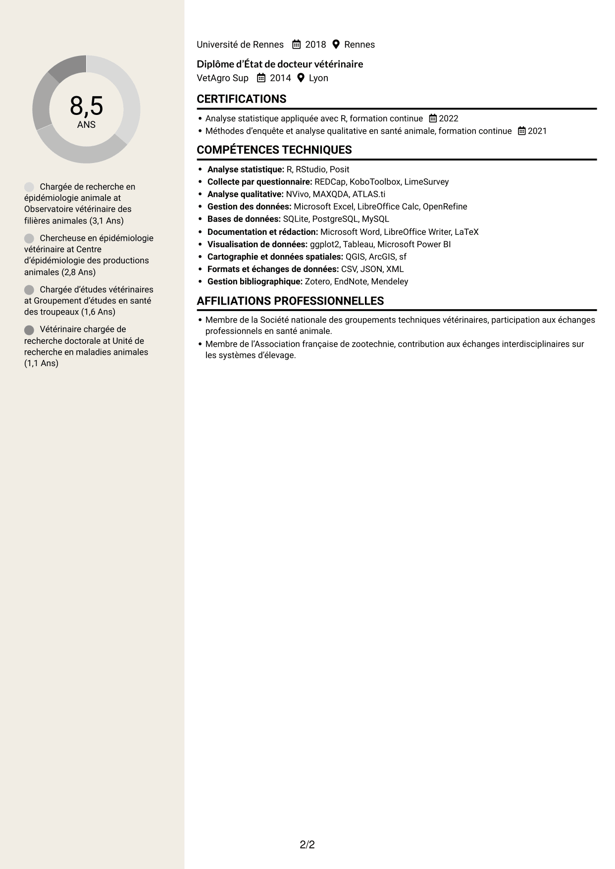 CV Fonceur (format à deux colonnes avec en-tête centré sans photo) : Chargé de recherche post-doctoral - Épidémiologie et santé des élevages, page 2