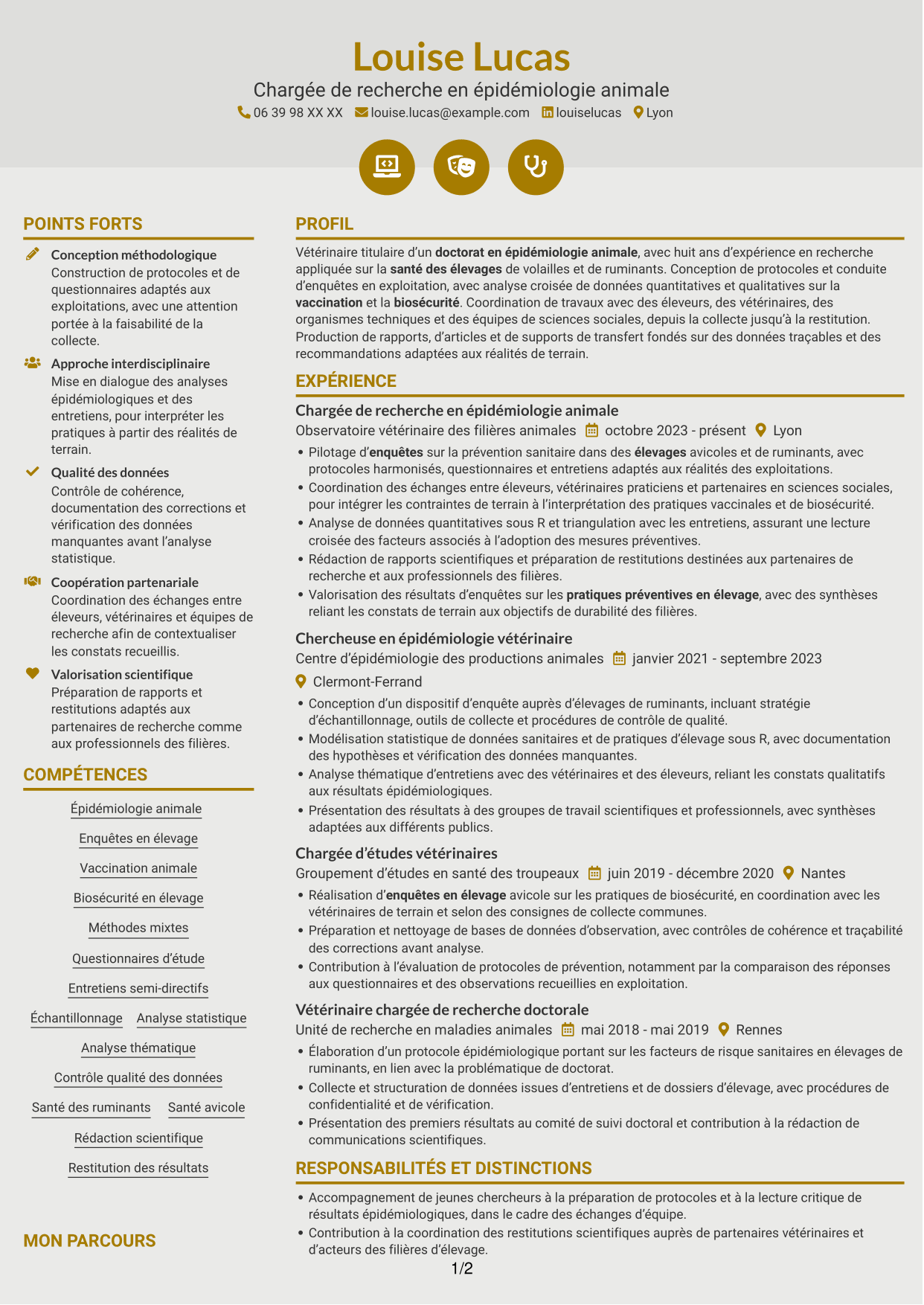 CV Dynamique (format à deux colonnes avec icônes) : Chargé de recherche post-doctoral - Épidémiologie et santé des élevages, page 1