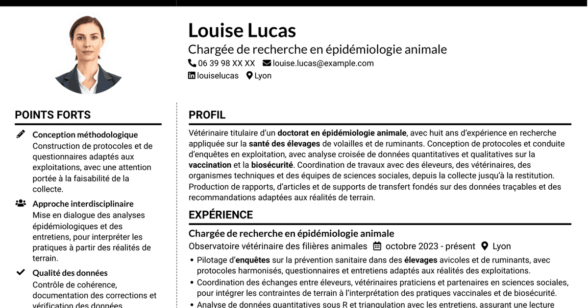 7 modèles de CV pour Chargé de recherche post-doctoral - Épidémiologie et santé des élevages, avec exemples