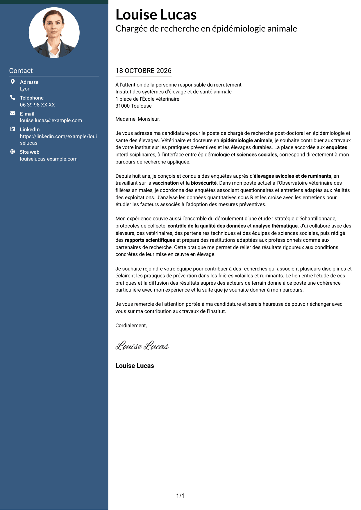 Lettre de motivation Élégant (format à colonne latérale colorée avec photo) : Chargé de recherche post-doctoral - Épidémiologie et santé des élevages, page 1