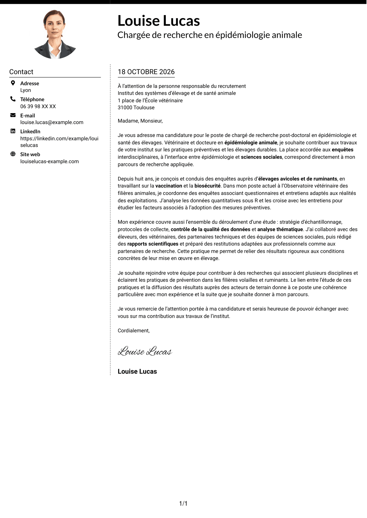 Lettre de motivation Moderne (format à deux colonnes avec photo à gauche et séparateur) : Chargé de recherche post-doctoral - Épidémiologie et santé des élevages, page 1