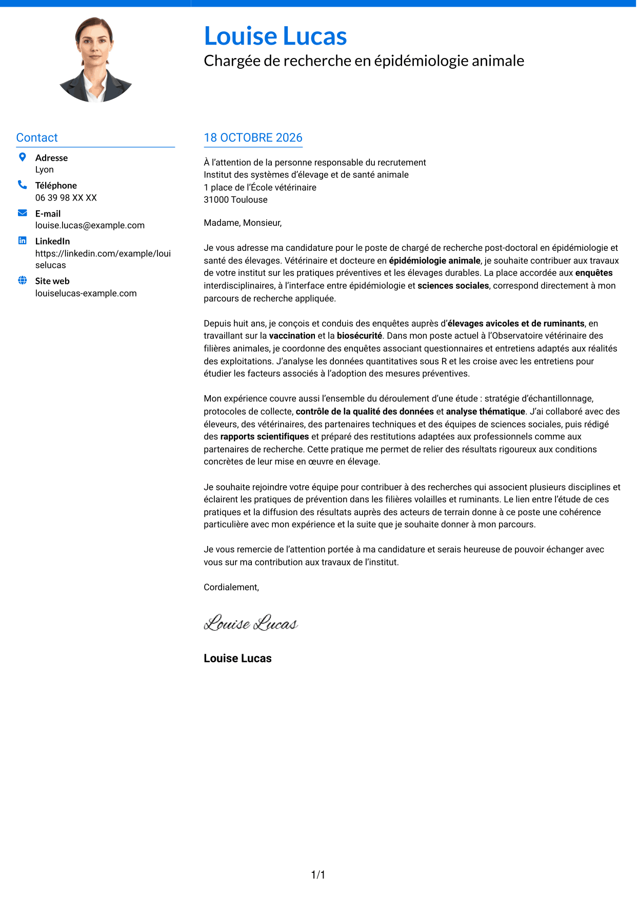 Lettre de motivation Audacieux (format à deux colonnes avec accents colorés et photo) : Chargé de recherche post-doctoral - Épidémiologie et santé des élevages, page 1
